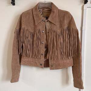 BlankNYC Suede Leather Fringe Jacket in Almond Butter